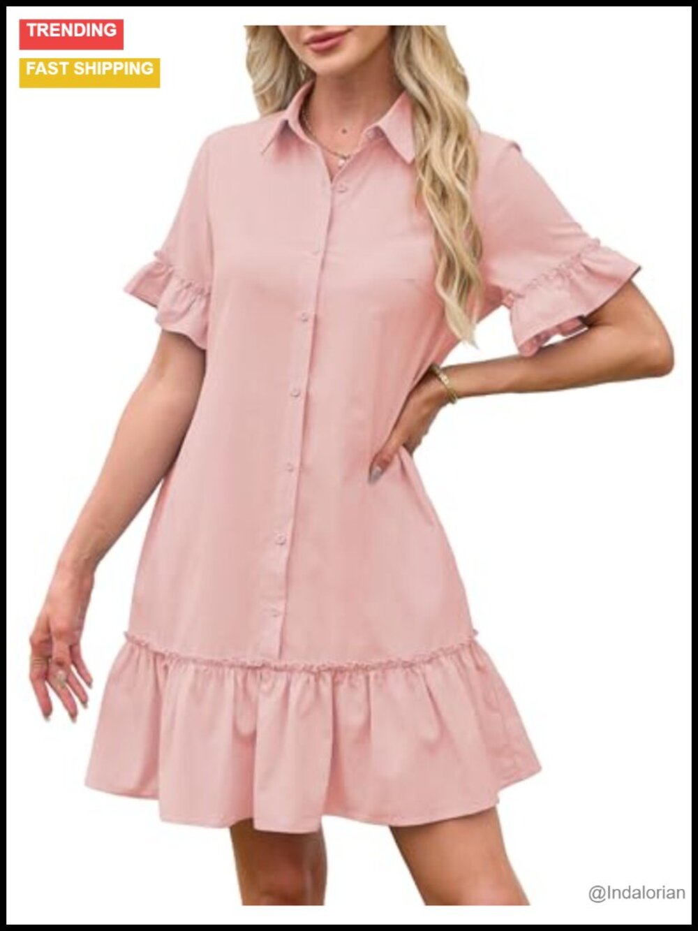 Casual Shirt Dress with Pockets Cotton Viscose Ruffle A-Line Mini